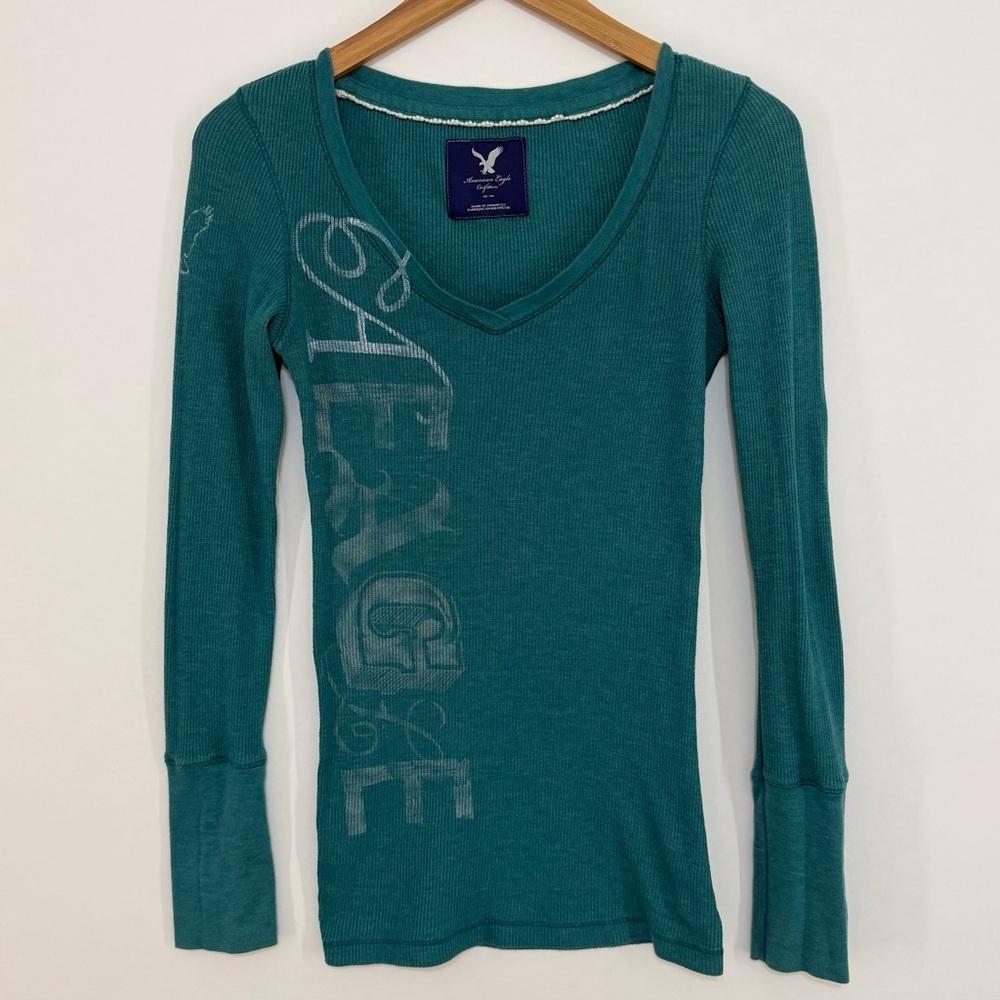 American Eagle Y2K Women's V-Neck Fitted Thermal Long Sleeve Top Size Med